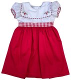 GIRLS RED CHRISTMAS DRESS - HOLLY EMBROIDERY ON WHITE SQUARE COLLAR