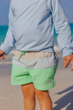 COUNTRY CLUB COLORBLOCK TRUNKS SANDY SPRINGS STONE , BUCKHEAD BLUE , AND GRACE BAY GREEN WITH WORTH AVENUE WHITE STORK