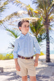 DEAN'S LIST DRESS SHIRT SUNRISE BLVD. BLUE AND TURKS TEAL CHANDLER CHECK WITH MULTICOLOR STORK