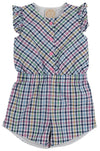 MARION ROSE ROMPER PIER POINTE PLAID WITH HAMPTONS HOT PINK FLOWER BUTTONS