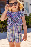 MARION ROSE ROMPER PIER POINTE PLAID WITH HAMPTONS HOT PINK FLOWER BUTTONS