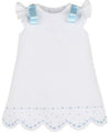 GIRLS TIMELESS TREASURES A - LINE DRESS - WHITE PIQUE WITH BLUE EMBROIDERY AND BOWS AT SHOULDERS
