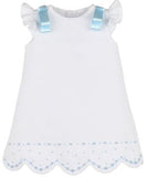 GIRLS TIMELESS TREASURES A - LINE DRESS - WHITE PIQUE WITH BLUE EMBROIDERY AND BOWS AT SHOULDERS