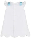 GIRLS TIMELESS TREASURES A - LINE DRESS - WHITE PIQUE WITH BLUE EMBROIDERY AND BOWS AT SHOULDERS