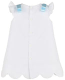 GIRLS TIMELESS TREASURES A - LINE DRESS - WHITE PIQUE WITH BLUE EMBROIDERY AND BOWS AT SHOULDERS