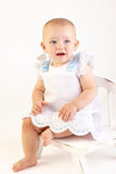 GIRLS TIMELESS TREASURES A - LINE DRESS - WHITE PIQUE WITH BLUE EMBROIDERY AND BOWS AT SHOULDERS