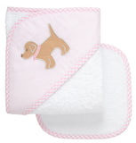 PUPPY BABY HOODED TOWEL AND WASHCLOTH SET - PINK