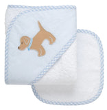 PUPPY BABY HOODED TOWEL AND WASHCLOTH SET - BLUE