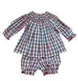 LULU BEBE LONGSLEEVE SMOCKED PLAID BISHOP BLOOMER SET