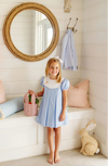 BUNNY PHIPPS FROCK BEALE STREET BLUE WITH WORTH AVENUE WHITE , PALM BEACH PINK , AND BUNNY APPLIQUE