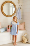 BUNNY PHIPPS FROCK BEALE STREET BLUE WITH WORTH AVENUE WHITE , PALM BEACH PINK , AND BUNNY APPLIQUE