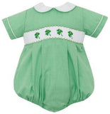 BABY BOYS GREEN GINGHAM SMOCKED SHAMROCKS BUBBLE