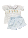 LULU BEBE WHITE COLLAR SMOCKED BUNNY SHIRT  WITH LIGHT BLUE SHORTS