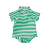 PRIM & PROPER ONESIE KIAWAH KELLY GREEN STRIPE WITH BELLPORT BUTTER YELLOW STORK