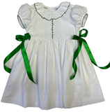 WHITE EMBREOIDERED RUFFLE COLLAR SCALLOP DRESS WITH RIBBONS