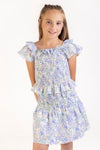 GIRLS BLUE FLORAL CARLA SHIRRED SKIRT SET