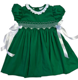 CLASSIC GREEN SMOCKED WAIST DRESS WITH TIED RIBBON