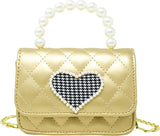 QUILTED PEARL HANDLE HEART BAG - GOLD
