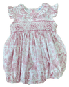 GIRLS PINK TOILE SMOCKED BUBBLE  - FLUTTER SLEEVES