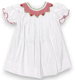 CHRISTMAS WHITE BISHOP GEOMETRIC SMOCKING DRESS