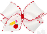 KING GROSGRAIN HAIR BOW WITH RED MOONSTITCH EDGE AND PENCIL EMBROIDERY