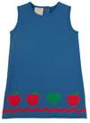 ANNIE APRON DRESS - WOOD BOAT BLUE WITH RICHMOND RED AND APPLES AND HEART APPLIQUES
