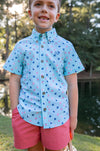 BOYS SHORT SLEEVE FISHING SHIRT IN NAUTICAL FLAG PRINT ON WATERSPOUT GREEN