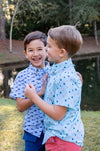 BOYS SHORT SLEEVE FISHING SHIRT IN FISH PRINT ON CLEAR SKY BLUE