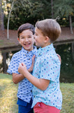 BOYS SHORT SLEEVE FISHING SHIRT IN FISH PRINT ON CLEAR SKY BLUE