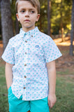 BOYS SHORT SLEEVE FISHING SHIRT IN PALM TREE PRINT ON WHITE