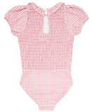 GIRLS PINK GUAVA GINGHAM PUFF SLEEVE SMOCKED ONE PIECE WITH RUFFLE COLLAR