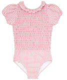 GIRLS PINK GUAVA GINGHAM PUFF SLEEVE SMOCKED ONE PIECE WITH RUFFLE COLLAR