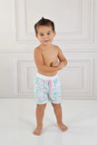 PINK  AND AQUA PALM SWIM TRUNKS