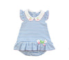 BLUE STRIPE KNIT ROMPER WITH CHERRIES AND FLOWERS