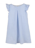 GIRLS CHARLIZE DRESS- BLUE STRIPE PLEAT WITH FLUTTER SLEEVES