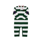 SIR PROPER'S RUGBY ROMPER  GRIER GREEN STRIPE WITH NANTUCKET NAVY ELBOW PATCHES & RICHMOND RED PIPING
