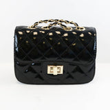 BLACK QUILTED CROSSBODY PATENT PURSE
