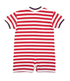 RED STRIPE KNIT SHORTALL WITH DUMP TRUCKS
