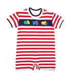 RED STRIPE KNIT SHORTALL WITH DUMP TRUCKS