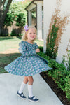 LONG SLEEVE VIOLET FLORAL RUFFLE TWIRL DRESS