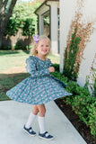 LONG SLEEVE VIOLET FLORAL RUFFLE TWIRL DRESS