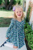 LONG SLEEVE VIOLET FLORAL RUFFLE TWIRL DRESS