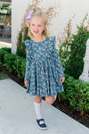 LONG SLEEVE VIOLET FLORAL RUFFLE TWIRL DRESS