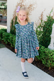 LONG SLEEVE VIOLET FLORAL RUFFLE TWIRL DRESS