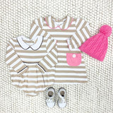 PETUNIA PLAY DRESS - KEENELAND KHAKI STRIPE WITH HAMPTONS HOT PINK