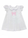 PINK BOW EMBROIDERED WHITE PLEAT DRESS