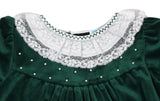 LUXE GREEN VELVET FLOAT DRESS - LACE COLLAR & PEARLS